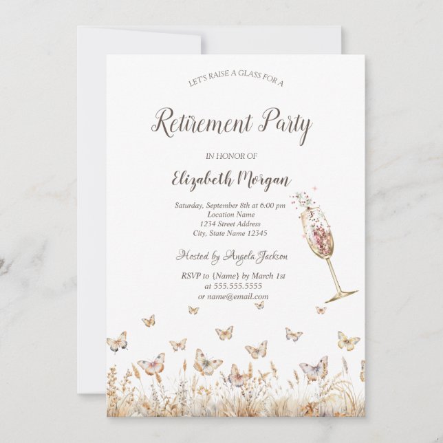 Invitation Aquarelle Meadow Butterflies Glass Retirement (Devant)