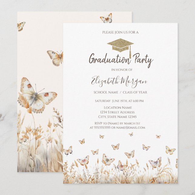 Invitation Aquarelle Meadow Butterflies Graduation (Devant / Derrière)