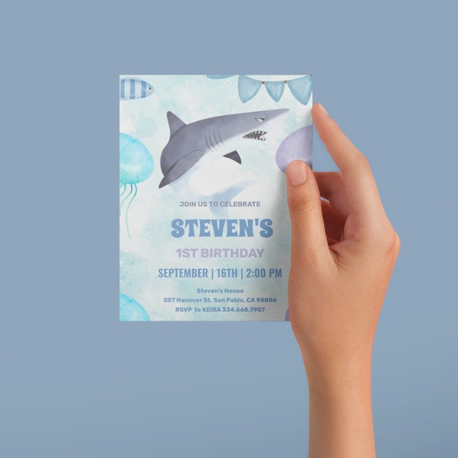 Invitation aquarelle Méduse et requin 1er anniversaire (Créateur téléchargé)