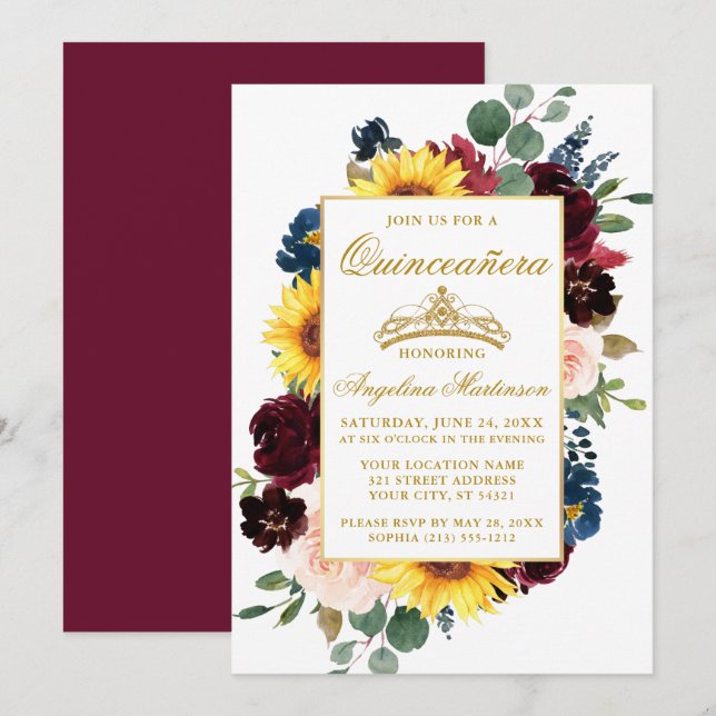 Invitation Aquarelle Mélange Bourgogne Florale Quinceanera (Devant / Derrière)
