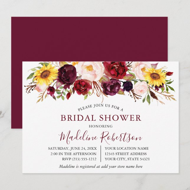 Invitation Aquarelle Mélange de Fête des mariées Florale Bour (Devant / Derrière)