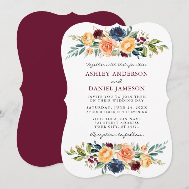 Invitation Aquarelle Mélange de verdure Florale Mariage Bourg (Devant / Derrière)
