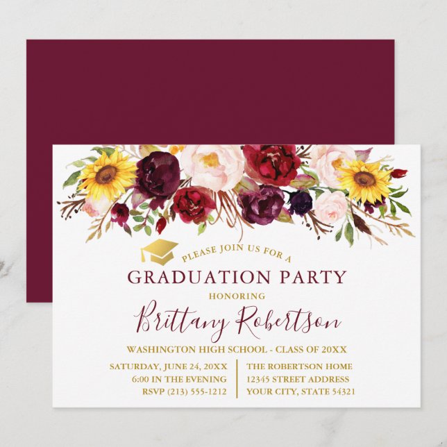 Invitation Aquarelle mélange floral Bourgogne fête de graduat (Devant / Derrière)