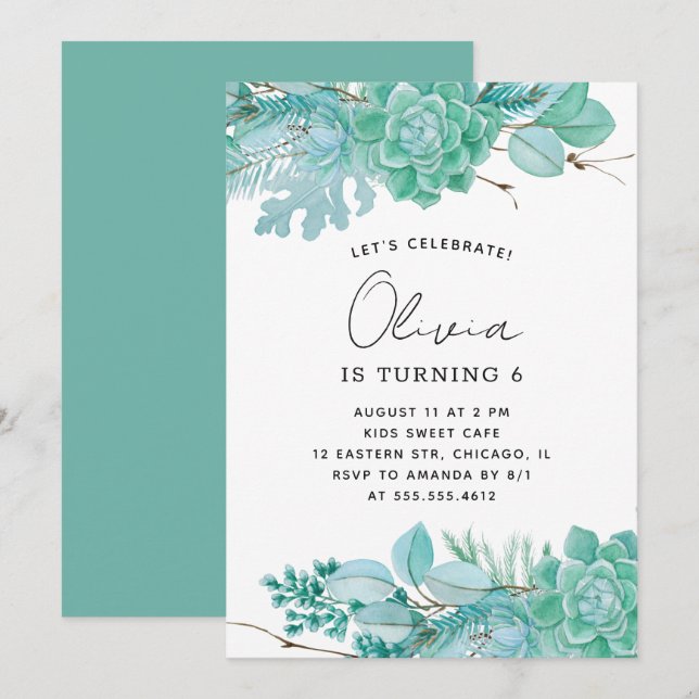 Invitation Aquarelle menthe anniversaire de enfant succulent  (Devant / Derrière)