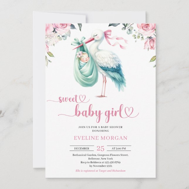 Invitation Aquarelle menthe et livraison de cigogne rose bébé (Devant)