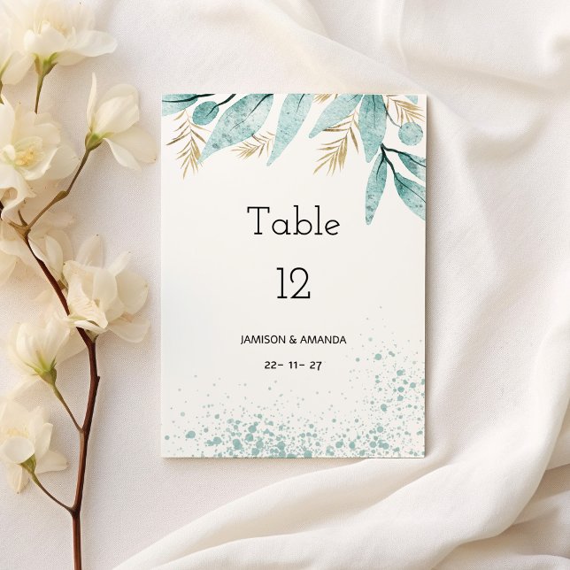 Invitation Aquarelle menthe vert or feuillage Tableau Numéros (Watercolor mint green gold foliage Table Numbers)
