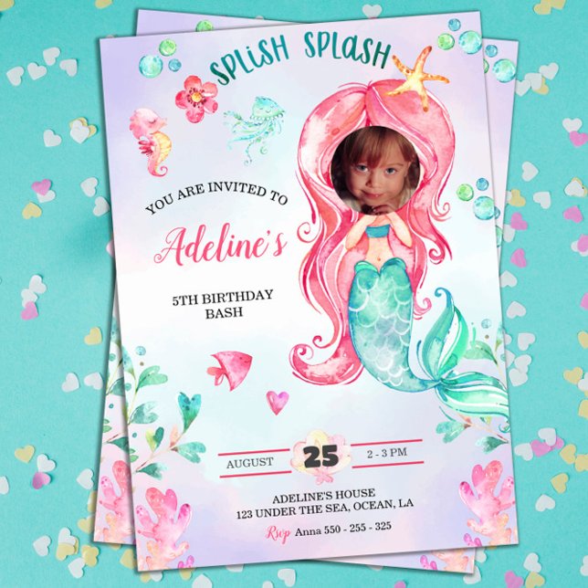 Invitation Aquarelle Mermaid Ajouter votre photo Anniversaire (mermaid birthday creative cute add your own photo face girl party invitations)