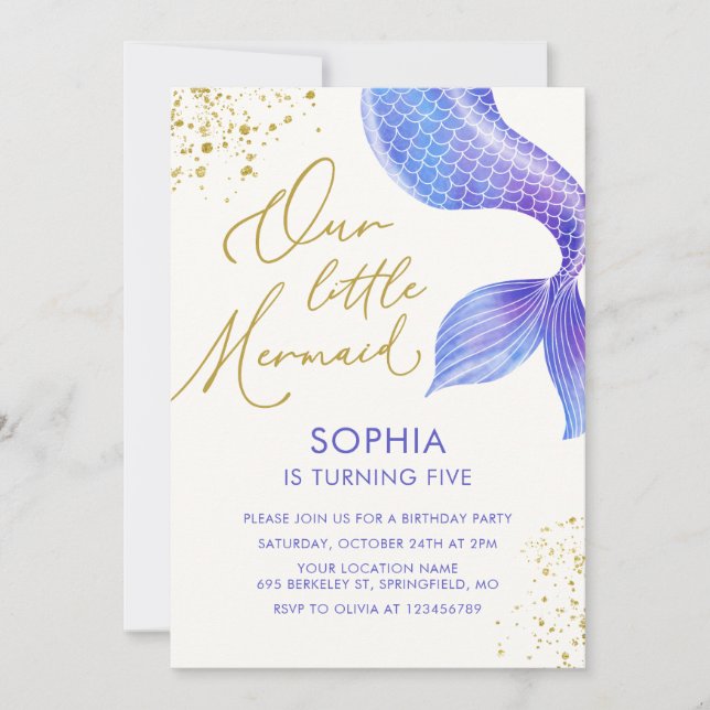 Invitation Aquarelle Mermaid Queue or Parties scintillant Ann (Devant)