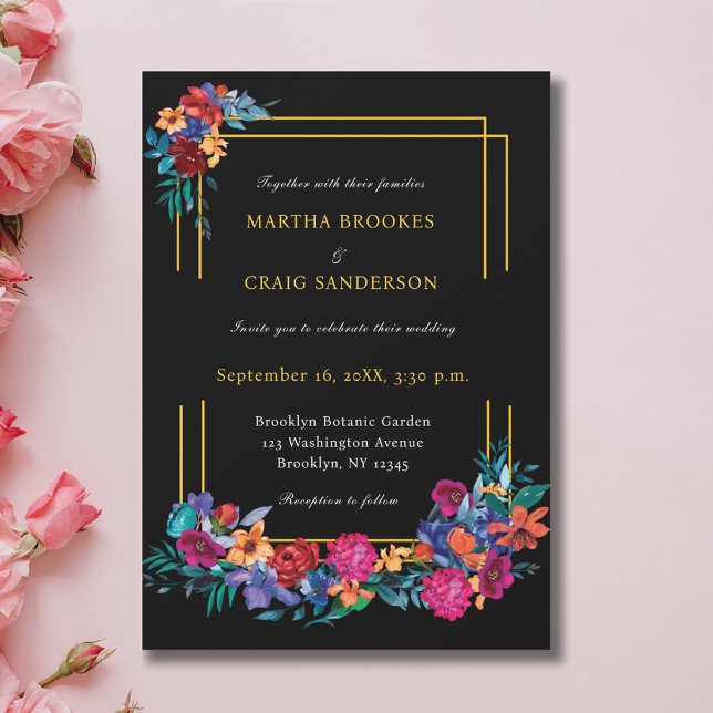 Invitation Aquarelle mexicaine Fleur Mariage noir (Créateur téléchargé)