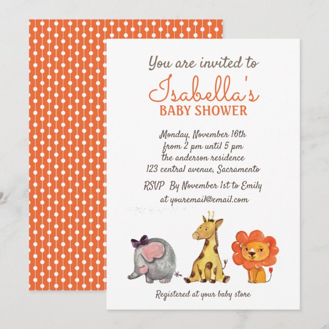 Invitation Aquarelle mignonne Animaux de la jungle Baby showe (Devant / Derrière)