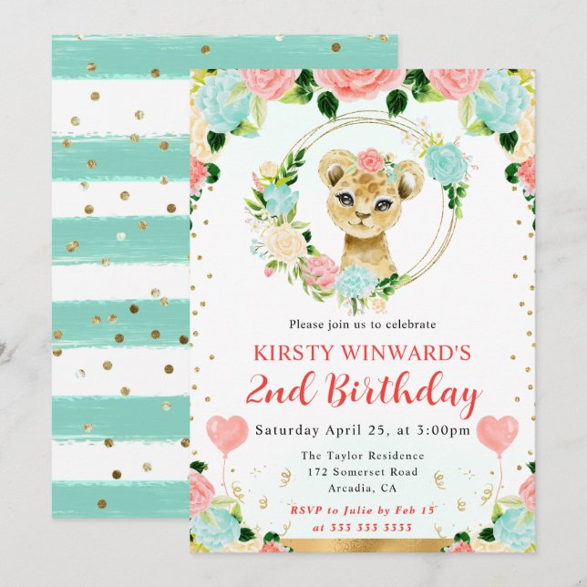 Invitation Aquarelle mignonne Anniversaire de enfant de Lion  (Devant / Derrière)
