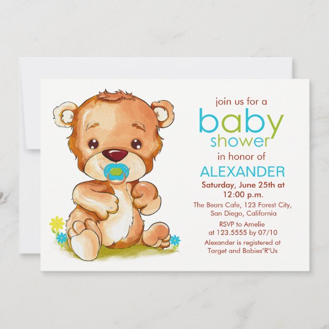 Invitation Aquarelle mignonne Baby shower bébé ours garçon (Devant)