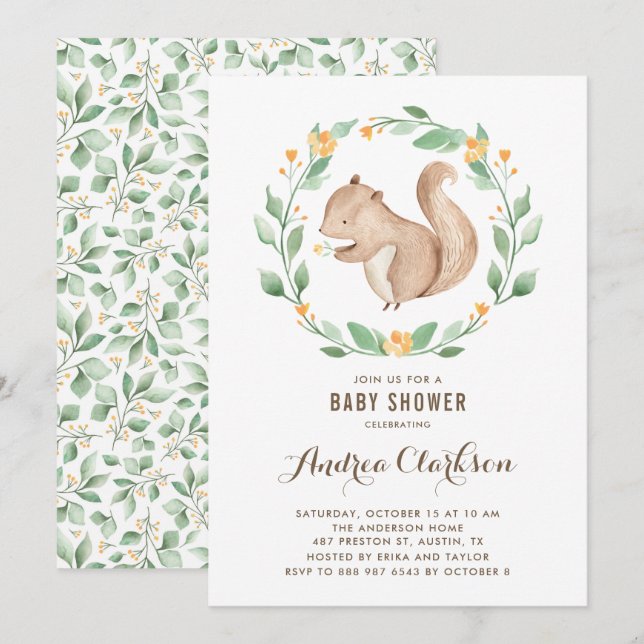 Invitation Aquarelle mignonne Baby shower bois écureuil (Devant / Derrière)
