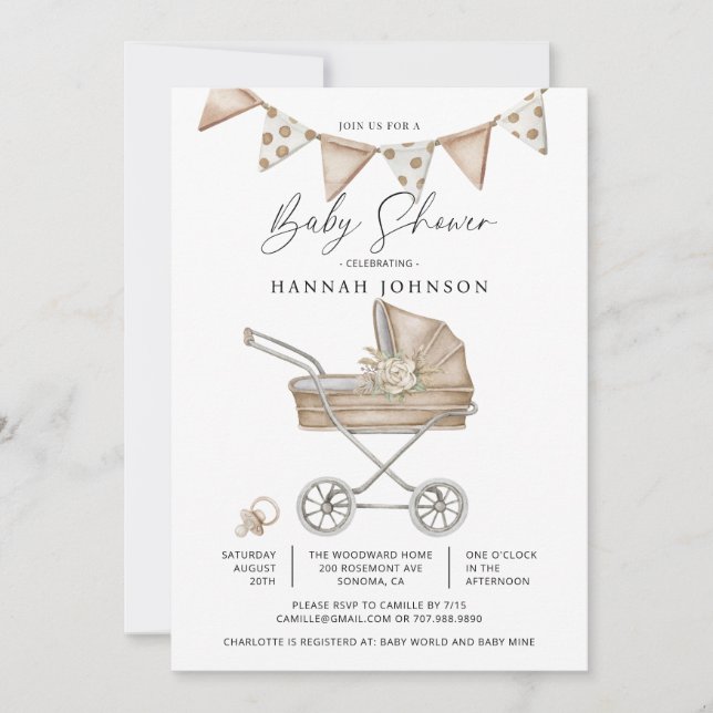 Invitation Aquarelle mignonne Baby shower Neutre Sexe (Devant)