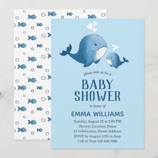 Invitation Aquarelle mignonne Baleine bleue | Baby shower gar (Devant / Derrière)