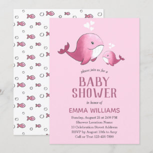 Invitation Aquarelle mignonne baleine rose Baby shower fill