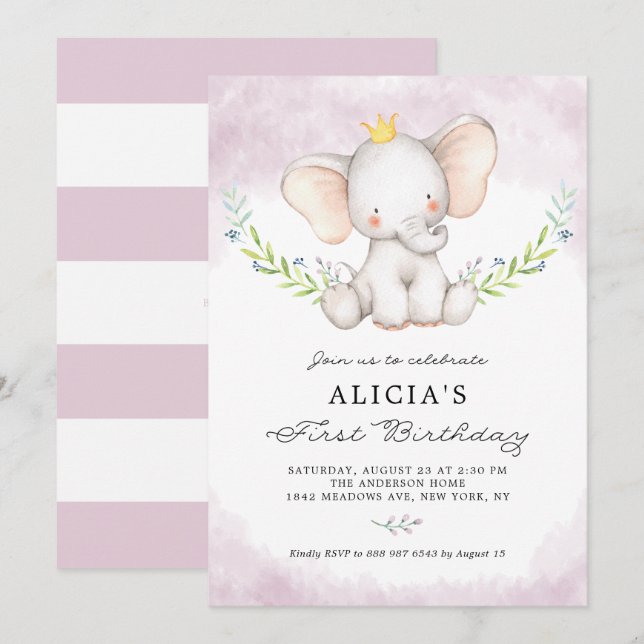 Invitation Aquarelle mignonne bébé éléphant fille premier ann (Devant / Derrière)
