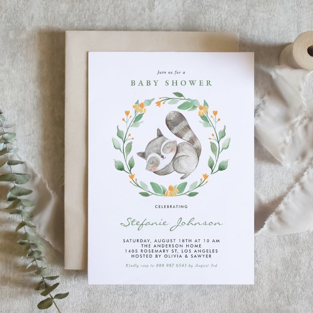 Invitation Aquarelle mignonne Bébé Raccoon Baby shower de boi (Créateur téléchargé)