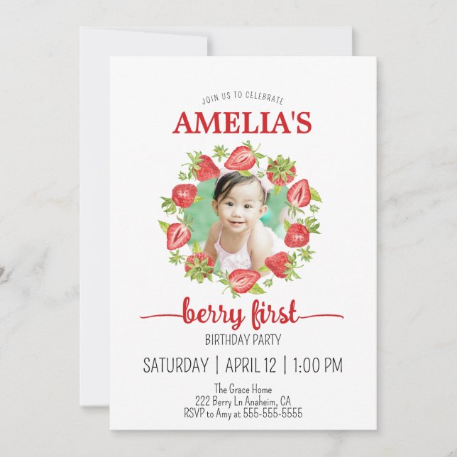 Invitation Aquarelle mignonne Berry fraise Premier anniversai (Devant)