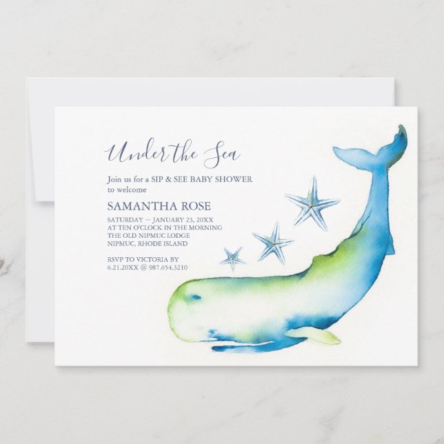 Invitation Aquarelle mignonne Bleu baleine Sip et voir Baby s (Devant)