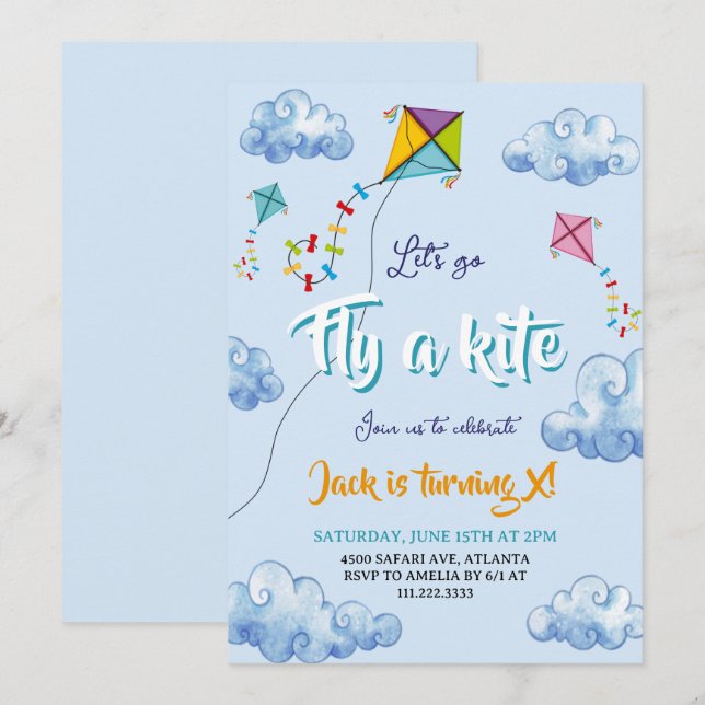 Invitation Aquarelle mignonne Cerfs-volants Anniversaire (Devant / Derrière)