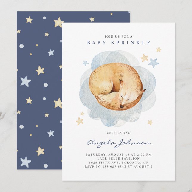 Invitation Aquarelle mignonne couchage bébé Fox Baby Sprinky (Devant / Derrière)