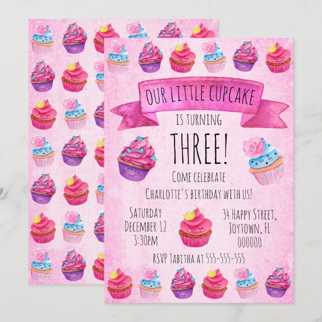 Invitation Aquarelle mignonne cupcake rose Fille anniversaire (Devant / Derrière)
