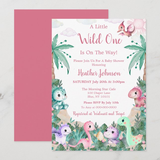 Invitation Aquarelle mignonne Dinosaur Baby shower fille (Devant / Derrière)