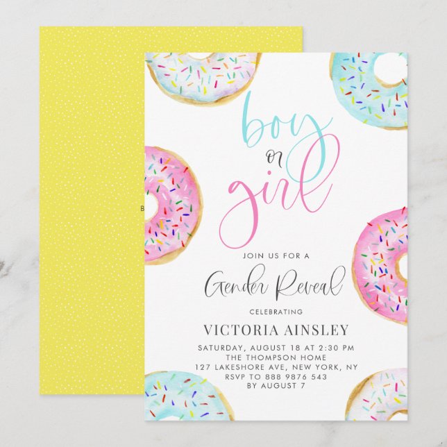 Invitation Aquarelle mignonne Donuts Baby shower de révélatio (Devant / Derrière)