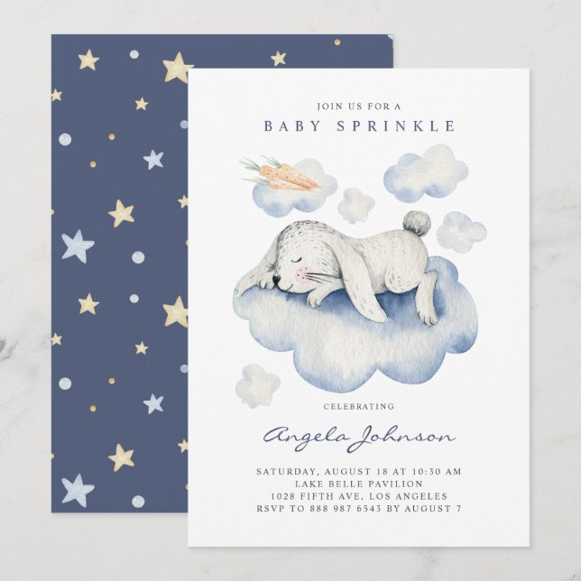 Invitation Aquarelle mignonne dormant bébé lapin Baby Sprinky (Devant / Derrière)
