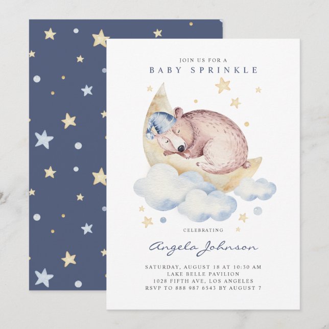 Invitation Aquarelle mignonne dormant bébé ours Bébé saupoudr (Devant / Derrière)