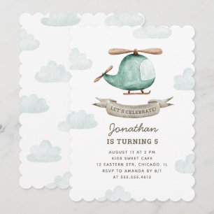 Invitation Aquarelle mignonne enfants hélicoptère. Bébé anniv