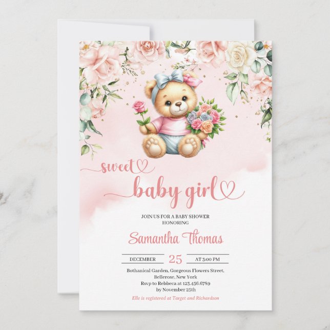 Invitation Aquarelle mignonne fille ours en peluche avec fleu (Devant)