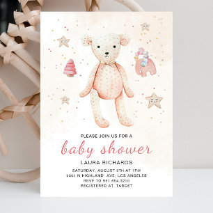 Invitation Aquarelle mignonne Jouets bébé Teddy Ours rose