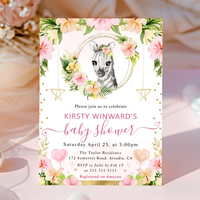 Invitation Aquarelle mignonne Jungle rose Baby shower Zebra (Créateur téléchargé)