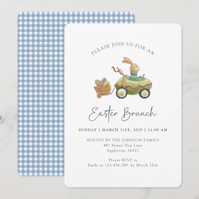 Invitation Aquarelle Mignonne Lapin, Brunch de Pâques Blanc (Devant / Derrière)