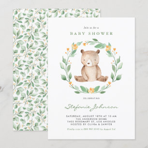 Invitation Aquarelle mignonne Ours Bébé Baby shower de bois