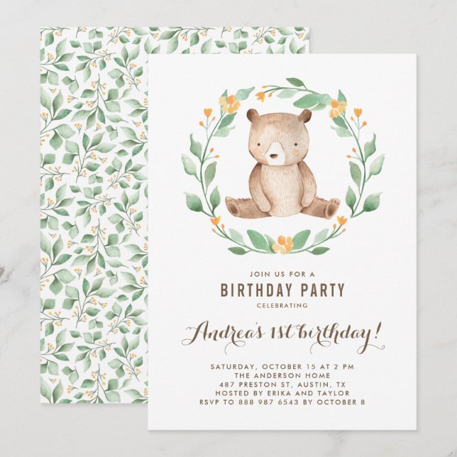 Invitation Aquarelle mignonne ours bébé Woodland Premier anni (Devant / Derrière)