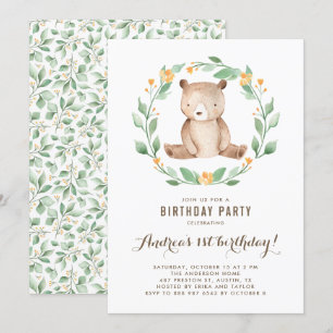 Invitation Aquarelle mignonne ours bébé Woodland Premier anni