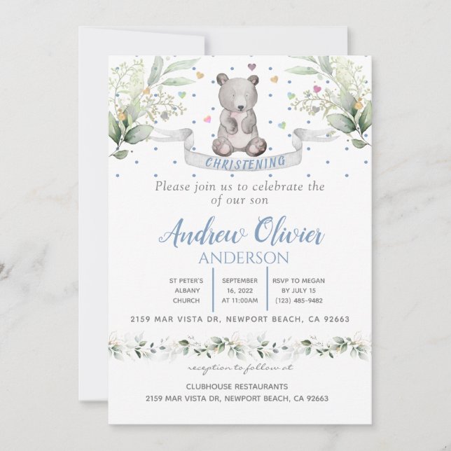 Invitation Aquarelle mignonne Ours Teddy Bébé Garçon Christen (Devant)