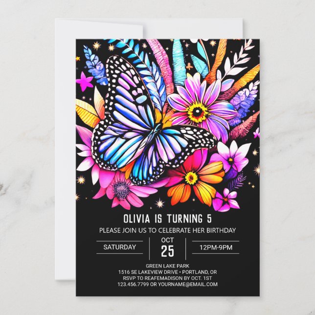 Invitation Aquarelle mignonne Papillon chic Anniversaire (Devant)
