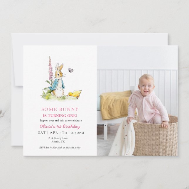 Invitation Aquarelle mignonne Peter Rabbit 1er anniversaire (Devant)