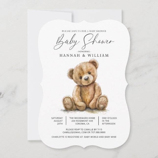 Invitation Aquarelle mignonne Petit Baby shower d'ours (Devant)