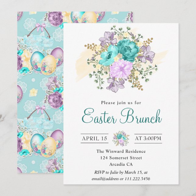 Invitation Aquarelle mignonne Poule florale dans l'oeuf Brunc (Devant / Derrière)