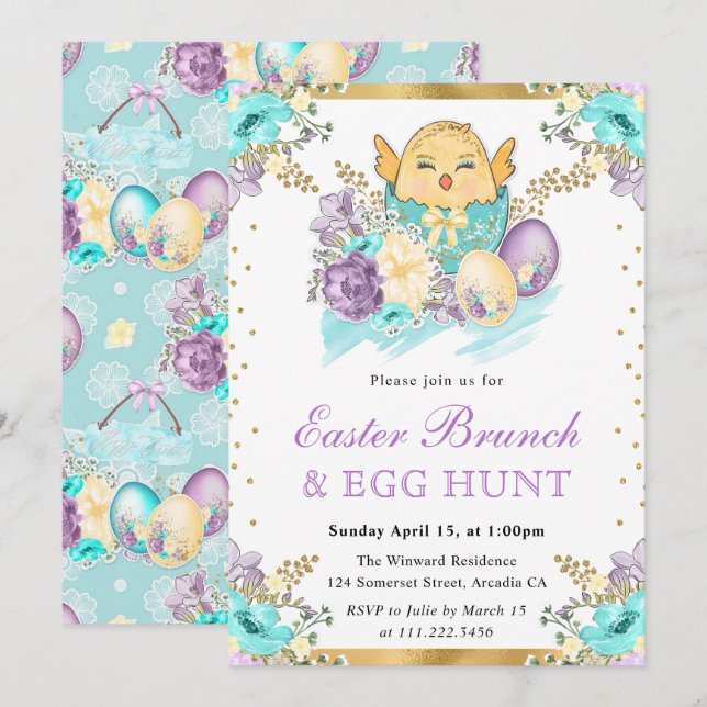 Invitation Aquarelle mignonne Poule florale dans l'oeuf Brunc (Devant / Derrière)