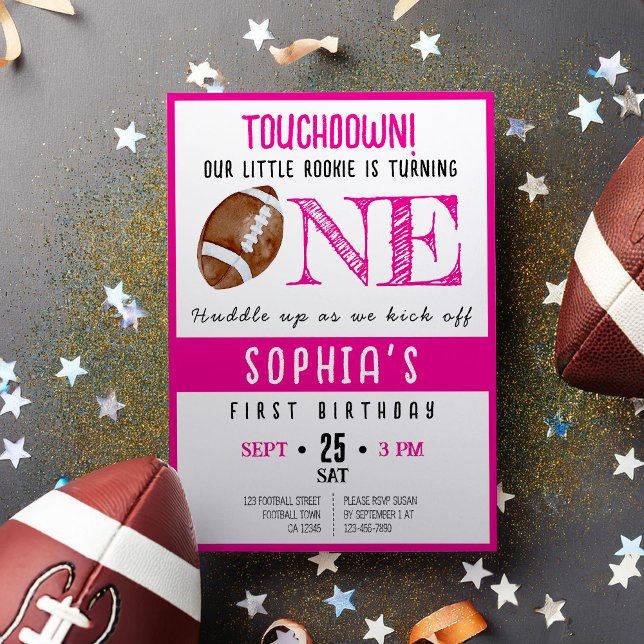 Invitation Aquarelle mignonne Rookie Football fille 1er anniv (Créateur téléchargé)