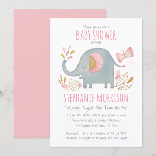 Invitation Aquarelle mignonne rose Eléphant Baby shower fille