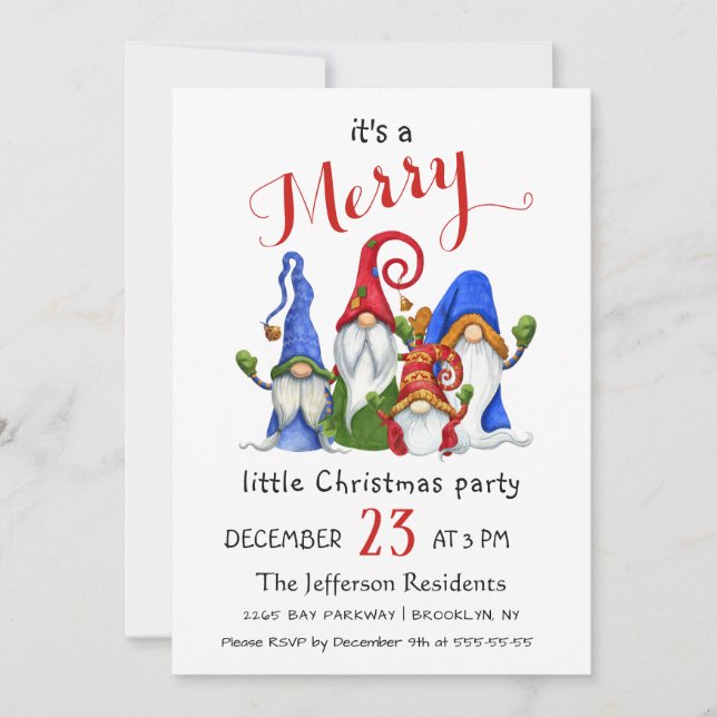 Invitation Aquarelle mignonne Rouge Gnomes Petite fête de Noë (Devant)