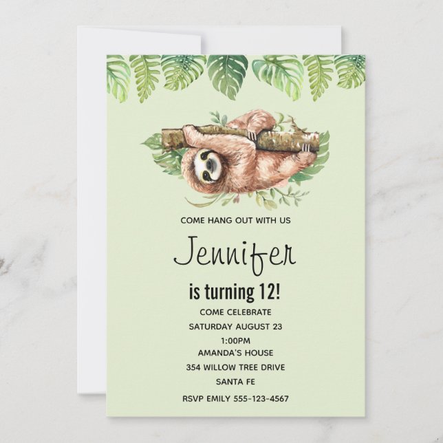 Invitation Aquarelle mignonne Sloth & Feuilles tropicaux Anni (Devant)