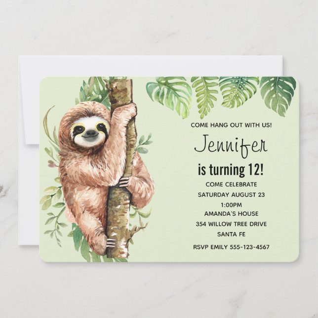 Invitation Aquarelle mignonne Sloth & Feuilles tropicaux Anni (Devant)